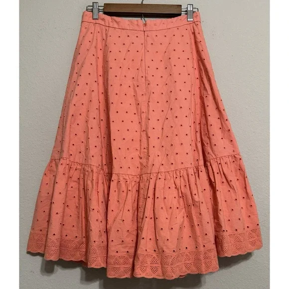 J Crew Skirt Women's 8 Peach Coral Tiered‎ Midi Embroidered Eyelets Cottagecore - Picture 2 of 11